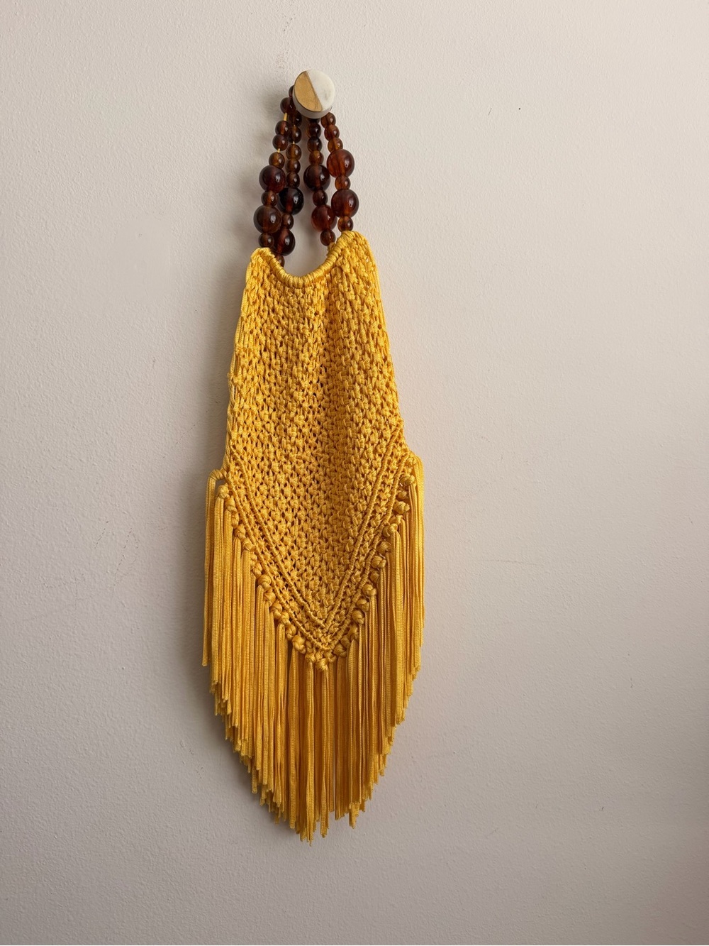 Boho Yellow Macramé Fringe Wristlet with Beaded Handle
